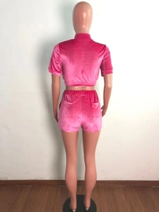 Vue arrière du haut zippé en velours rose à manches courtes et short assorti sur mannequin