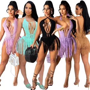 Women Crochet Tassel Cover Up Romper Halter Neck Hollow Out Backless Beach Dress Boho Sexy Knit Vacation Sleeveless Top