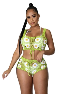 Conjunto de ganchillo verde para mujer con margaritas, top de cuello halter y pantalones