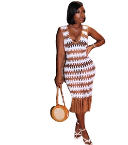 Détail d'une robe midi au crochet avec motif ondulé blanc et brun et bordure à longues franges