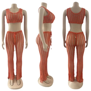 Front, side, and back views of orange crochet hollow-out two-piece beach set for women