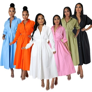 Robe Chemise Femme Élégante Couleur Unie Manches Longues Taille Plissée Robe Maxi Ligne A avec Boutons et Poches Tenues de Bureau