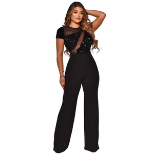 Chic black jumpsuit with sequin mesh patchwork and high waist wide leg trousers