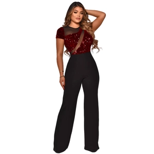 Short sleeve jumpsuit for women with dark red sequin mesh top and black wide leg pants