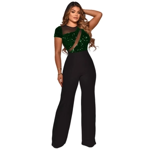 Short sleeve green sequin mesh jumpsuit with high waist wide leg black trousers