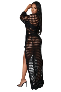 Detail of black crochet long sleeve beach cover-up with mesh knit and waist tie