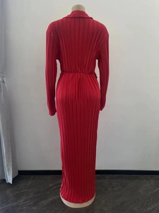 Vue arrière d'une robe longue plissée à manches longues rouge sur un mannequin