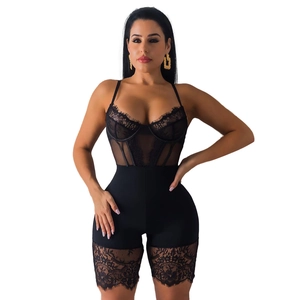 Chic black lace bodysuit with sheer mesh panels and eyelash lace trim for women