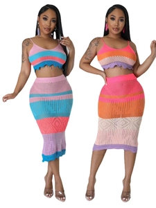 Women Crochet Knit Striped Top And Bottom Set Sexy Hollow Out Cami Crop Top And High Waist Midi Skirt Beach Outfits