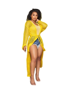 Detail of bright yellow knit cover-up showing open-work crochet and waist belt