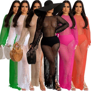Sexy Crochet Hollow Out Fringe Maxi Dress Long Sleeve Round Neck Side Split Beach Cover Up Women Knit Dress