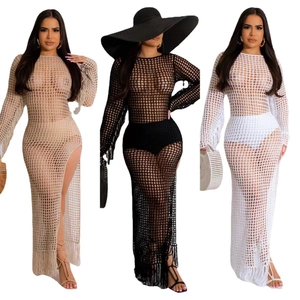Three-color crochet hollow knit long sleeve dress with tassels and side slit