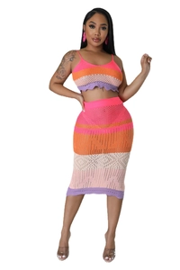 Colorful crochet knit two-piece set featuring a halter crop top and high-waisted midi skirt