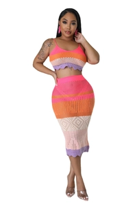 Chic multi-color striped crochet two-piece set featuring cropped top and midi skirt