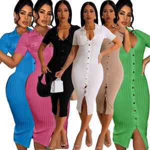 Robe Midi Moulante en Tricot Nervuré pour Femmes Manches Courtes Col Polo Boutonné Coupe Cintrée Couleur Unie Été Décontracté