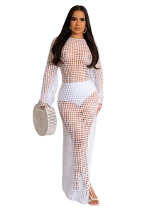 White crochet hollow out long sleeve maxi dress with fringe tassels for beach vacation