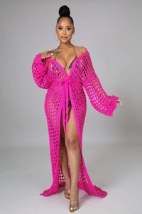 Detail of rose pink crochet knit beach cover up with hollow mesh and waist tie