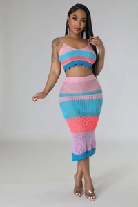 Detail of multi-color striped crochet two-piece set with V-neck top and midi skirt