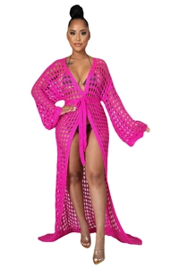 Detail of rose red hollow knit maxi cardigan with wide bell sleeves and mesh texture