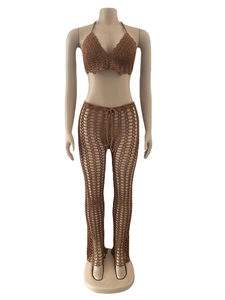Detailed view of handmade crochet knit two-piece beach set in coffee brown with drawstring