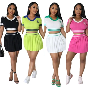 Women Top And Bottom Knitted Outfit Short Sleeve Polo Neck Crop Top And Pleated Mini Skirt Sporty Preppy Style Skirt Set
