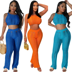 Women Top And Bottom Knit Outfit Sleeveless Crop Top High Waist Flared Pants Hollow Out Distressed Sexy Summer Vacation