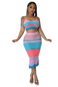 Women's 2-piece crochet knit beach set with colorful stripes and scalloped hem