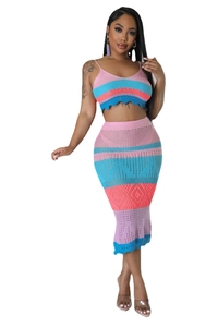 Detail of colorful striped crochet knit two-piece beach set with scalloped edge trim