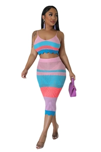 Detailed view of the multi-colored crochet knit texture on this two-piece beach set