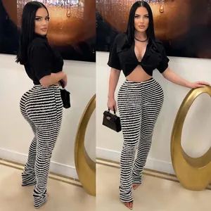 Women High Waist Black White Striped Knit Flare Pants Chic Slim Fit Stretchy Textured Trousers Daily Casual Leggings