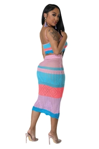 Close-up of the hollow knit texture and colorful stripe pattern on a two-piece beach set