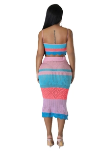 Colorful crochet knit two-piece set with striped crop top and midi skirt for summer beach