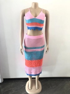 Detailed knit texture of colorful striped two-piece beach set with crochet hollow design