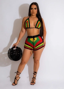 Detail of Rasta color crochet bikini top and high-waist shorts set in cotton knit