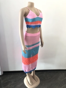Close-up of colorful striped crochet knit set featuring hollow out texture and wavy edges