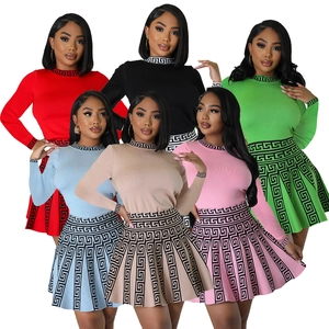 Women Knitted Top And Pleated Skirt Suit Long Sleeve Round Neck Greek Key Pattern Slimming Fashion Outfits Two Items Set