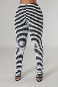 Women's high waist flared trousers with textured black and white stripes and brushed knit fabric