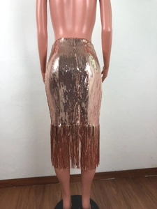 Detail eines roségoldenen Paillettenrocks mit hoher Taille und dichtem Fransenbesatz