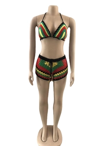 Close-up of crochet texture on colorful two-piece bikini set with tassel drawstring