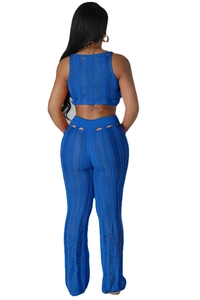 Back view of a blue hollow out knitted two-piece set with a sexy cutout texture