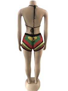 Rear view of handmade crochet beach shorts with colorful Jamaican style knit patterns