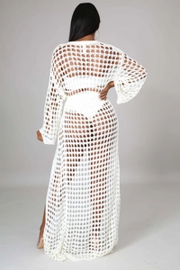 Back view of white crochet knit beach cover-up maxi dress with long sleeves and open mesh
