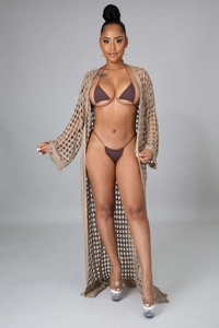 Detail of bohemian khaki crochet cover up and dark brown triangle bikini set for beach