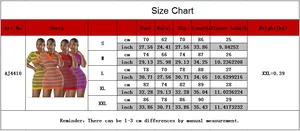 Detailed size chart for slim fit striped knit mini dress with CM and Inch measurements
