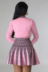 Back view detail of pink long sleeve top and pleated skirt with Greek fret patterns