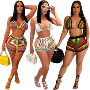 Women Bohemian Crochet Beach Top And Bottom Color Block Halter Bikini And Drawstring Shorts Knit Summer Vacation Outfits