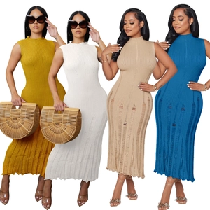 Sexy Abito Maxi Senza Maniche in Maglia da Donna Collo Alto a Costine Traforato Effetto Usato Vestibilità Aderente Coprispalle da Spiaggia Abito da Festa