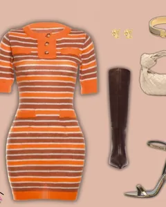 Detailed close-up of orange and white striped knit mini dress with three-button neckline