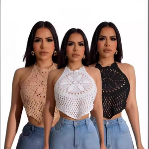 Top a Fascia Donna Sexy All'uncinetto Bohemien Floreale Traforato Schiena Scoperta Intrecciato Canotta da Spiaggia Maglia Estiva Canottiera
