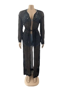 Detail of black crochet knit long cardigan with sheer mesh pattern and thin waist belt